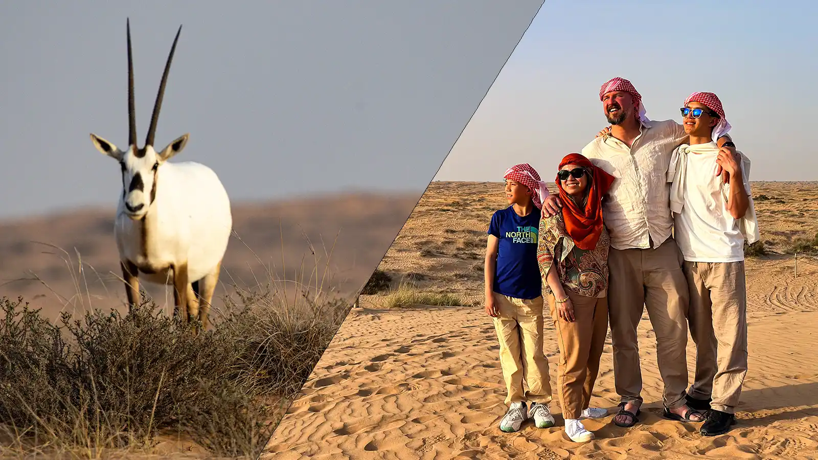 A family takes a desert tour through the Dubai desert